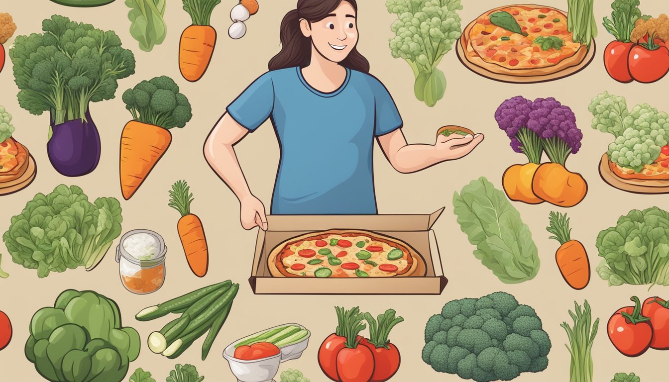 A person with diabetes holding a frozen pizza box, surrounded by various fresh vegetables and whole grains