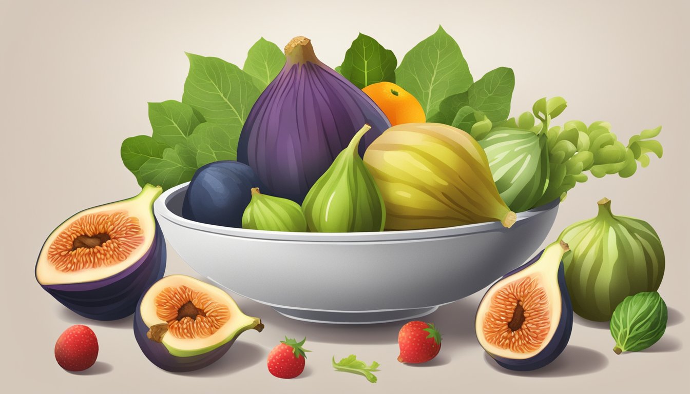 A bowl of fresh figs surrounded by a variety of colorful fruits and vegetables, with a nutrition label displayed next to it