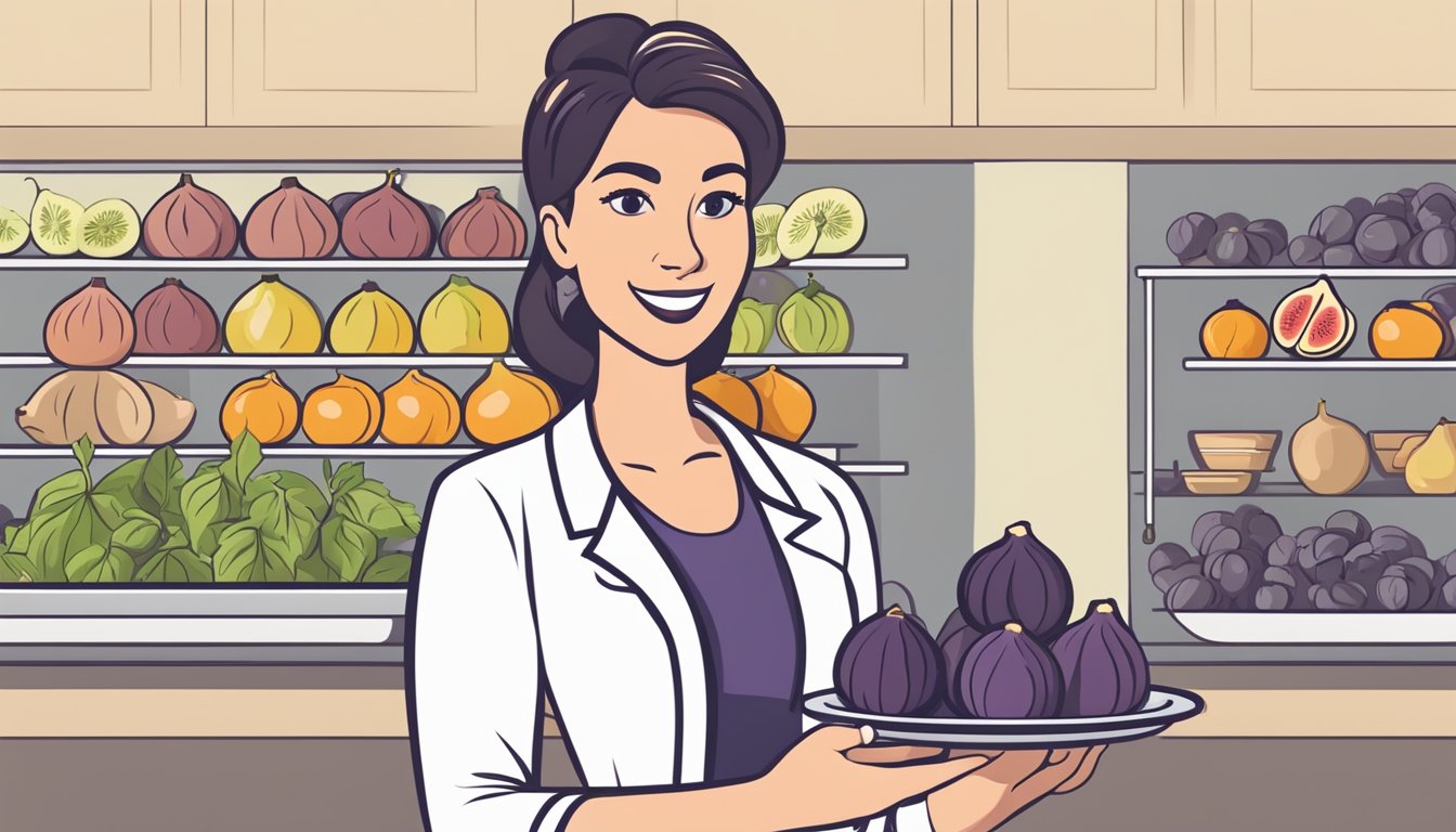 A dietician holding a plate of fresh figs with a diabetes-friendly symbol in the background