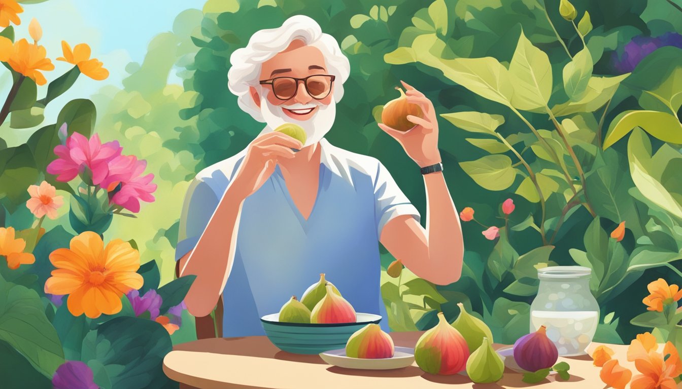 A person with diabetes happily enjoying a fresh fig in a sunny garden, surrounded by lush greenery and colorful flowers