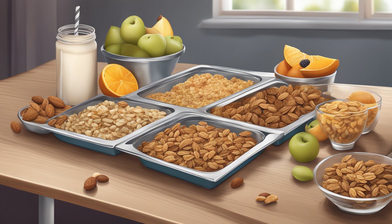 A table with a variety of granola bars, surrounded by ingredients such as fruits and nuts, with a focus on the packaging and textures