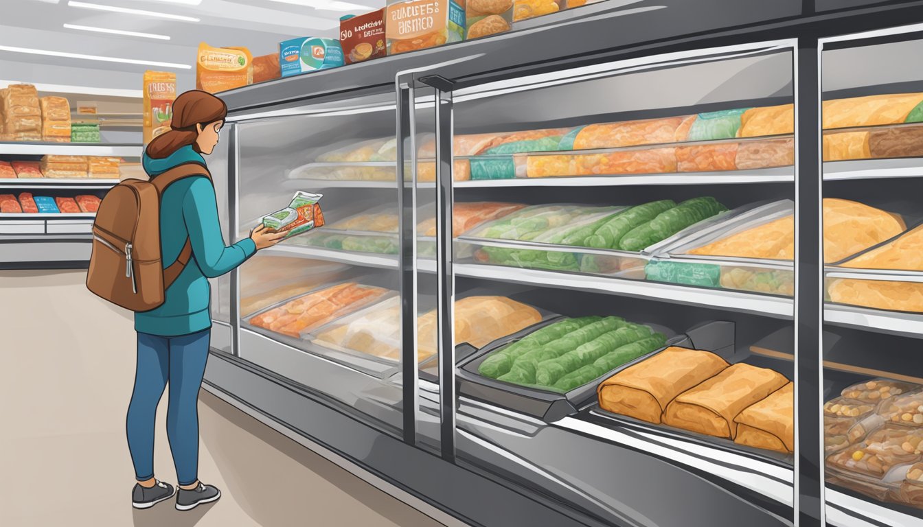 A person with diabetes stands in a grocery store aisle, looking at a freezer full of frozen burritos. A nutrition label on the packaging indicates the carbohydrate and sodium content