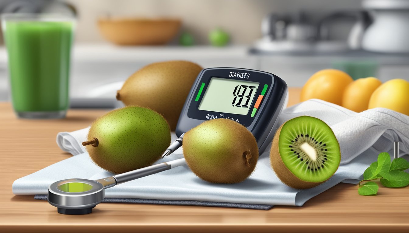 A kiwi fruit and a diabetes blood sugar monitor on a kitchen counter