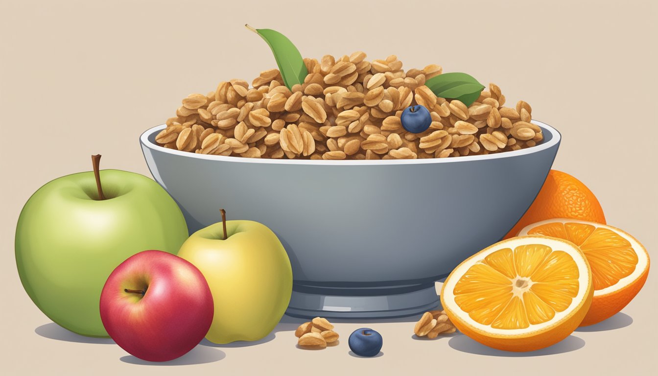 A bowl of fruit and nut granola bars surrounded by various fresh fruits like apples, bananas, and oranges