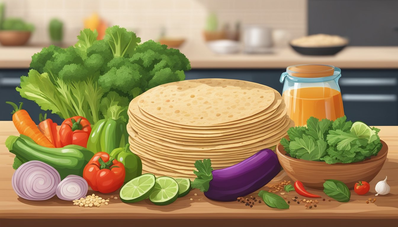 A colorful array of fresh vegetables and lean proteins arranged next to a stack of whole grain tortillas, with a variety of herbs and spices in the background