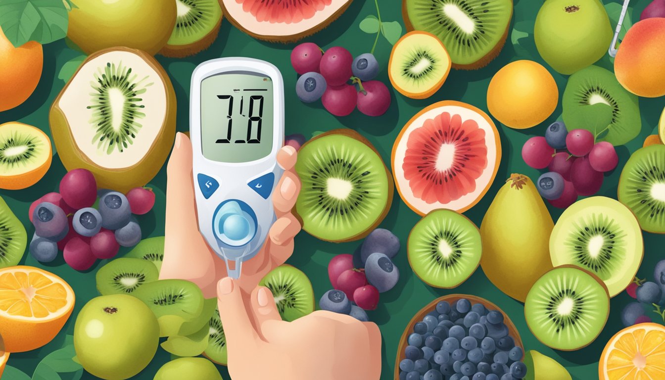 A person with diabetes holding a kiwi while surrounded by a variety of fruits, a glucometer, and medication