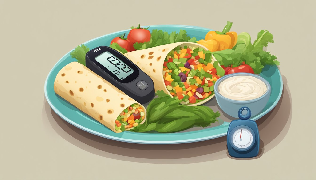 A colorful plate with a variety of vegetables, lean protein, and a portion-controlled frozen burrito, surrounded by a measuring tape and a blood glucose monitor