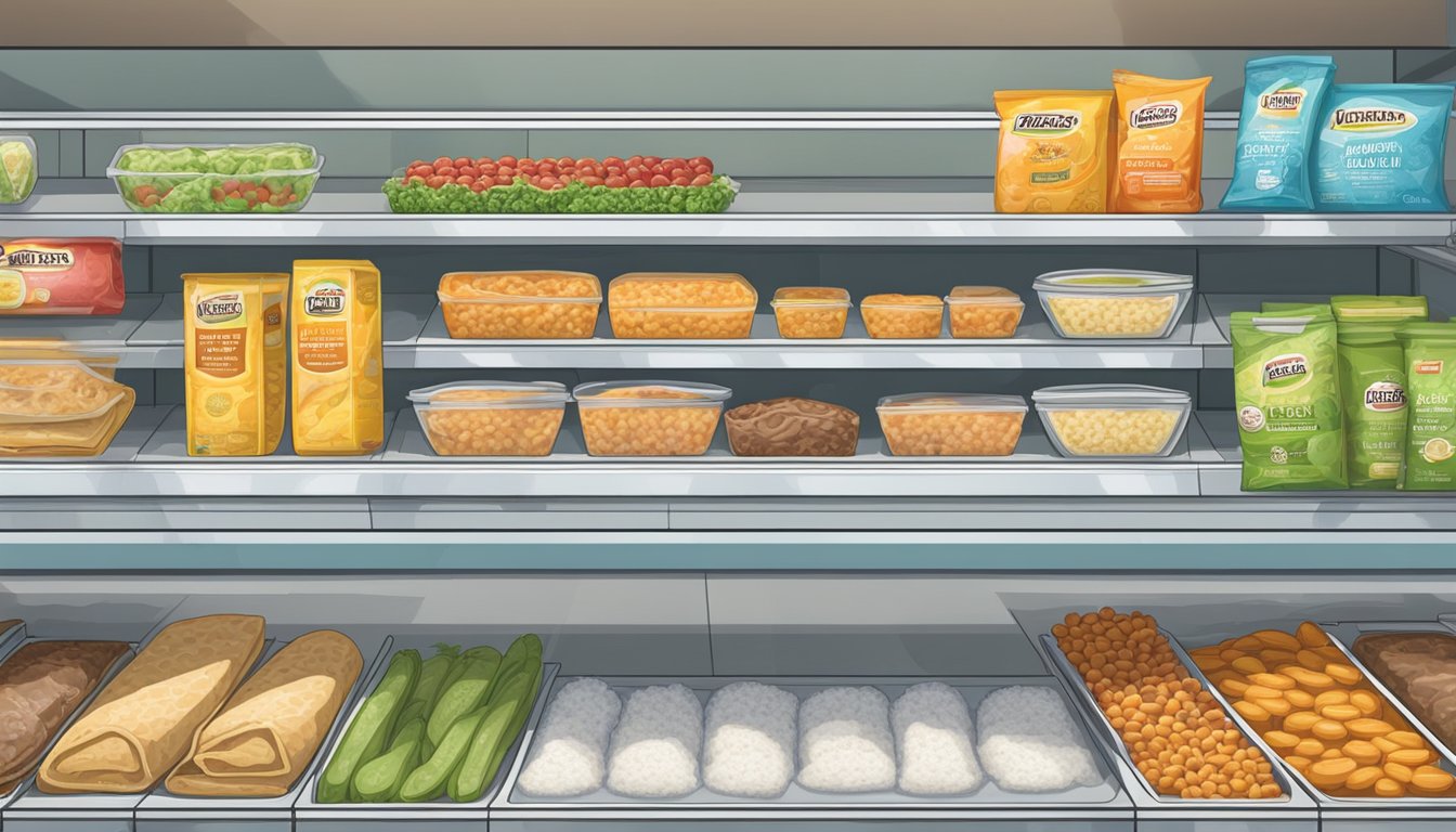 A variety of frozen, diabetes-friendly foods, including burritos, arranged on a shelf in a grocery store freezer