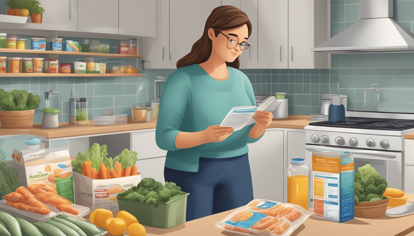 A person with diabetes stands in a kitchen, holding a bag of frozen fish sticks while reading a nutrition label. A variety of healthy food options are visible on the counter