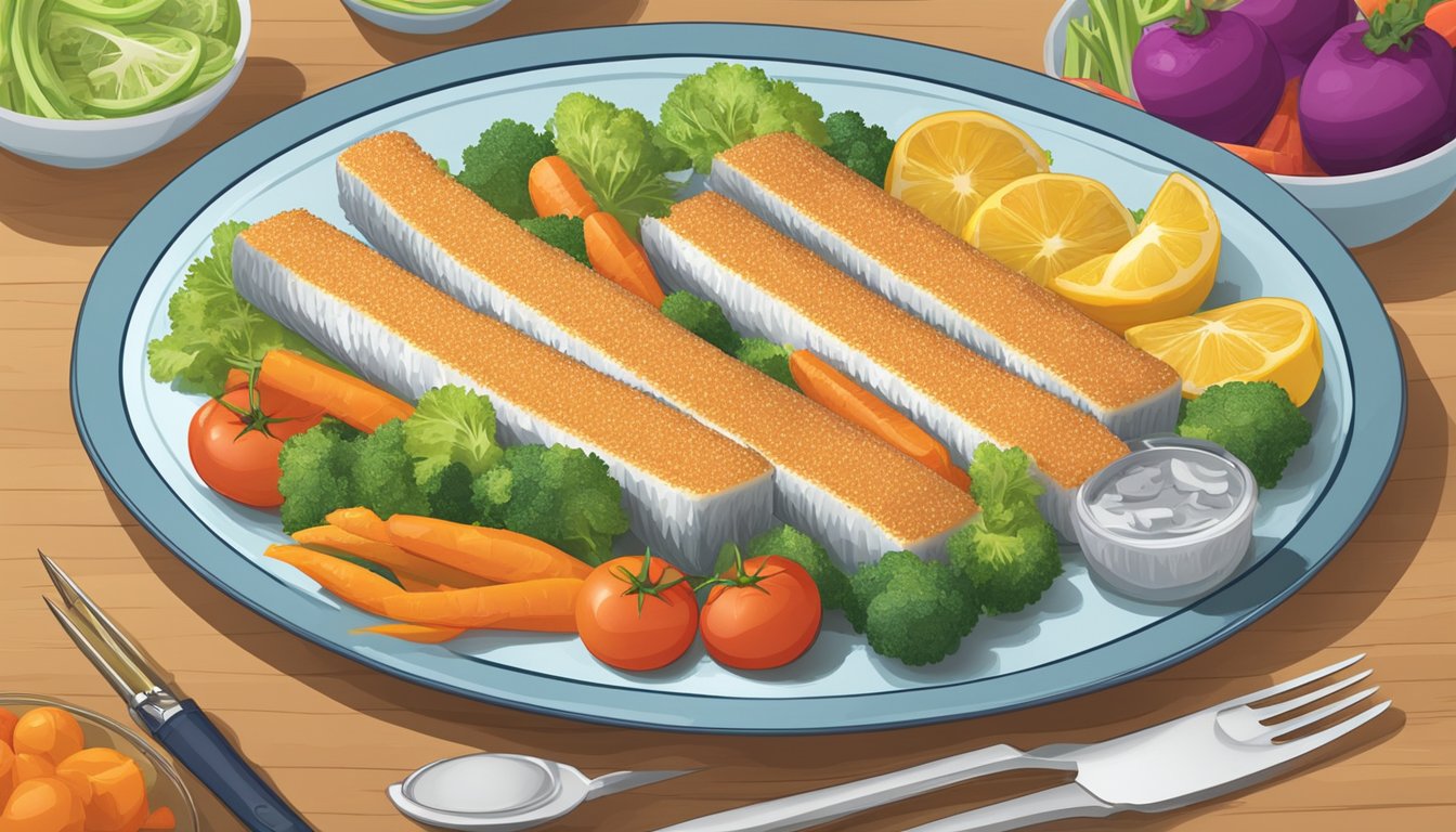 A plate of frozen fish sticks surrounded by colorful vegetables and a measuring tape, symbolizing the benefits of fish in a diabetes diet