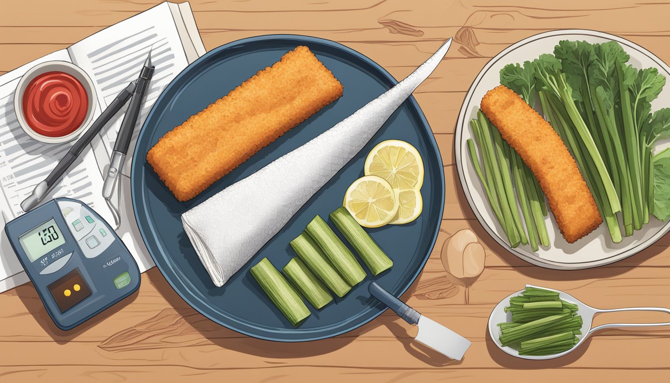 A plate of frozen fish sticks with a side of vegetables, a blood glucose monitor, and a diabetic-friendly cookbook open to a fish stick recipe