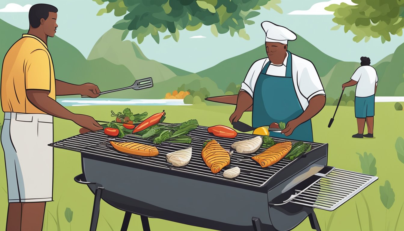 A person grilling fish fillets and vegetables on a barbecue