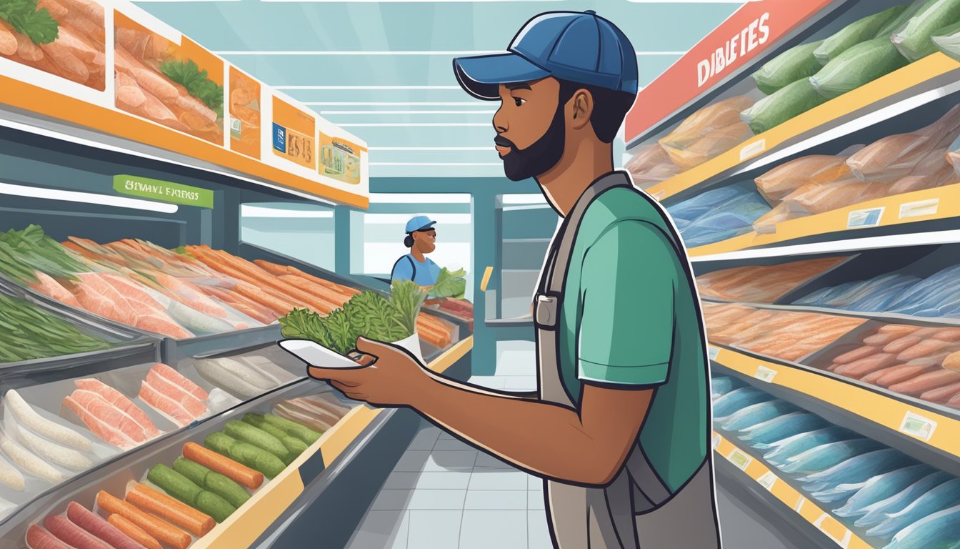 A person with diabetes holding a package of frozen fish sticks, while looking at a variety of fresh fish options in a grocery store