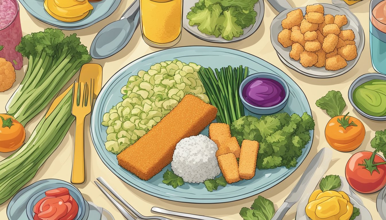 A plate of colorful vegetables and a serving of frozen fish sticks arranged on a dinner table