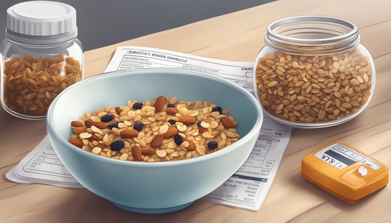 A bowl of granola with dried fruits, a nutrition label, and a diabetic testing kit on a kitchen counter