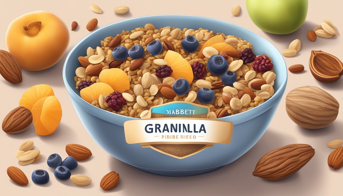 A bowl of granola with dried fruits, surrounded by various fruits and nuts, with a diabetes-friendly label