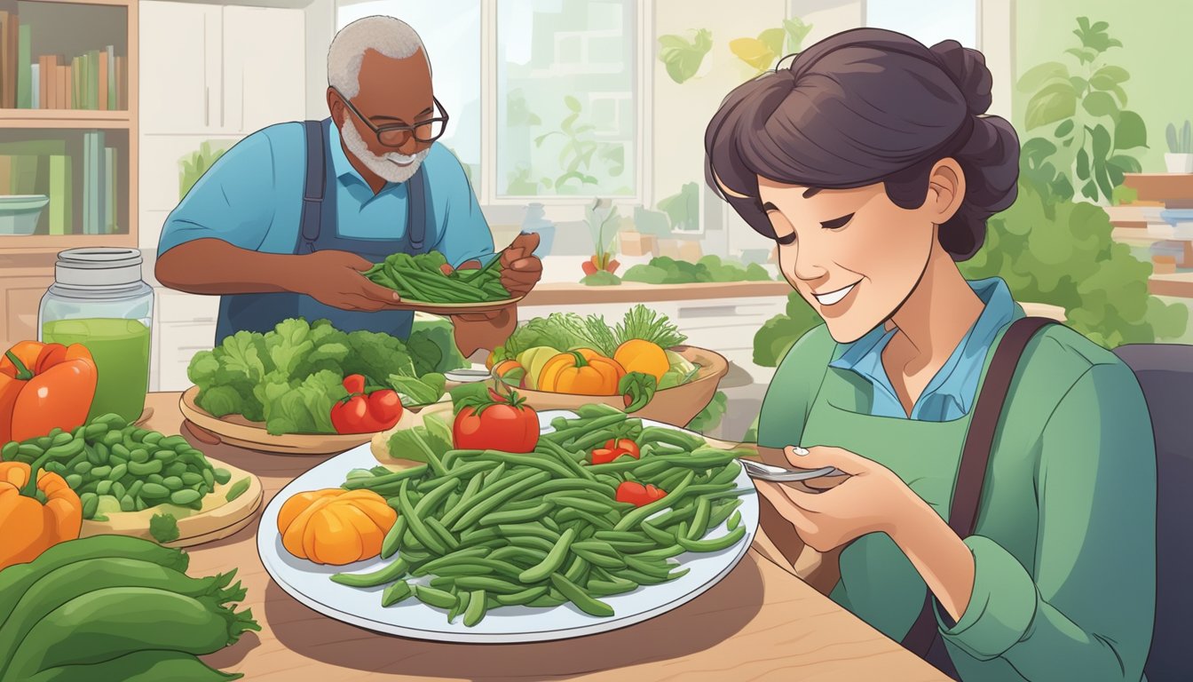 A person with diabetes enjoying a plate of green beans with a variety of other colorful vegetables, showcasing the additional health benefits of a balanced diet