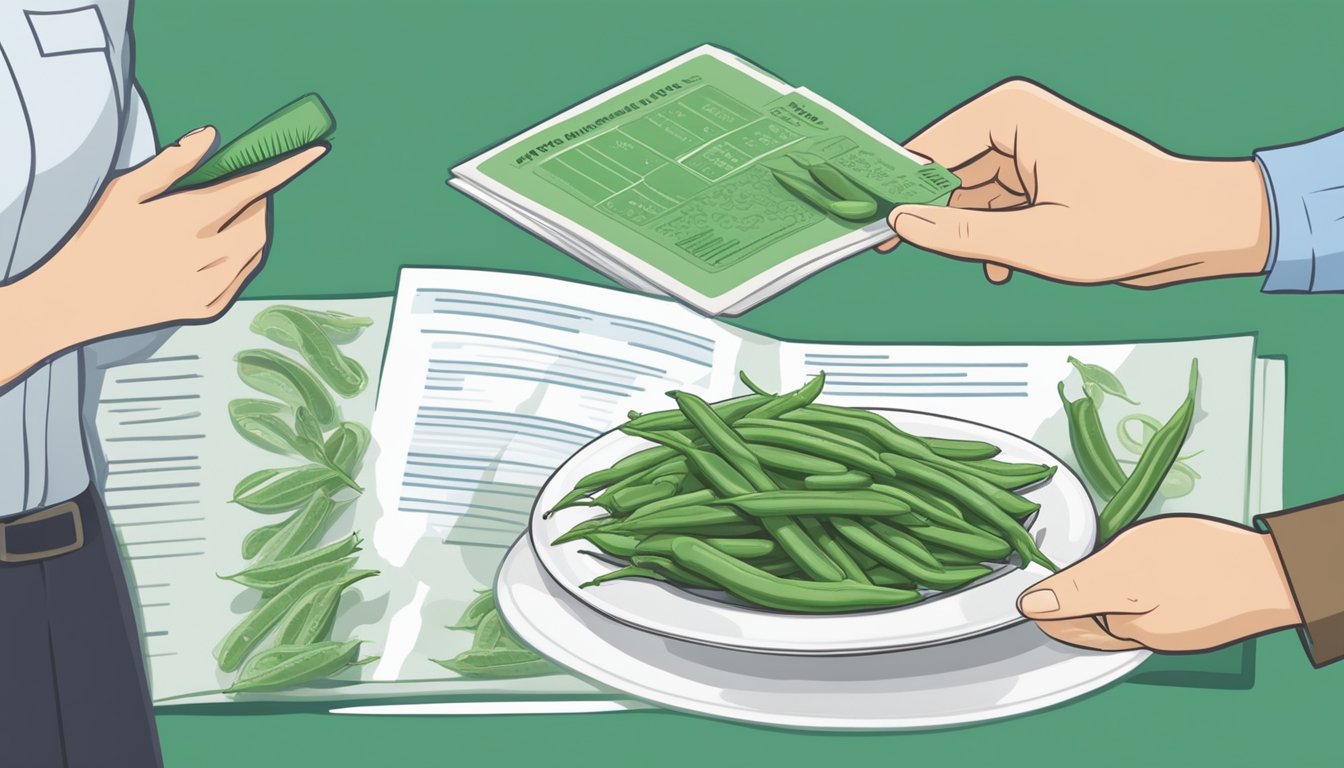 A dietician pointing to a plate of green beans next to a diabetes education pamphlet