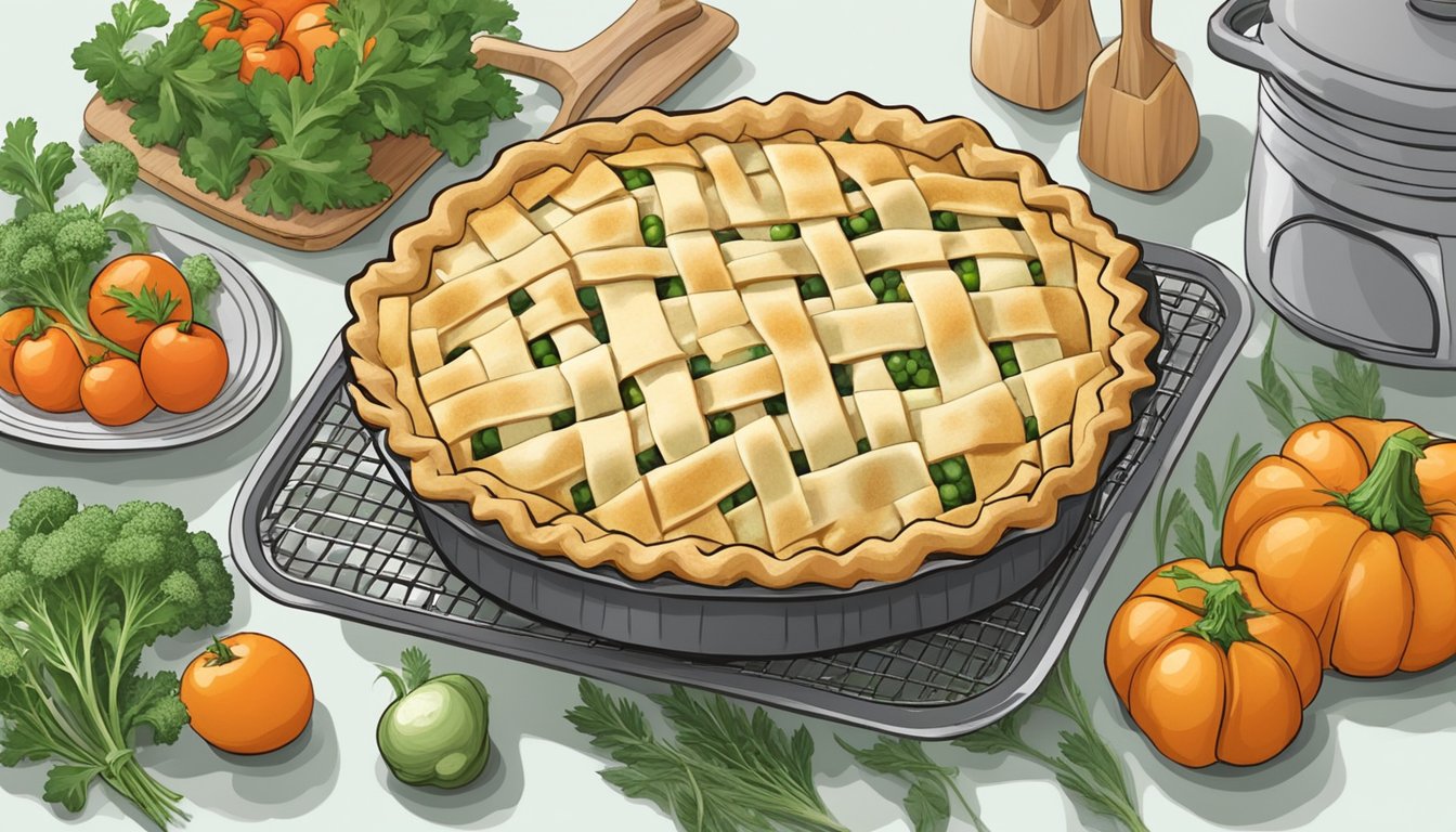 A frozen pot pie sits on a baking sheet surrounded by vegetables and herbs, with a lattice crust on top