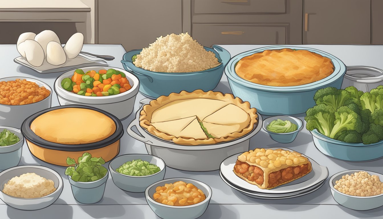 A table with various frozen pot pie alternatives, including vegetable and lean meat options, next to a diabetic-friendly food guide