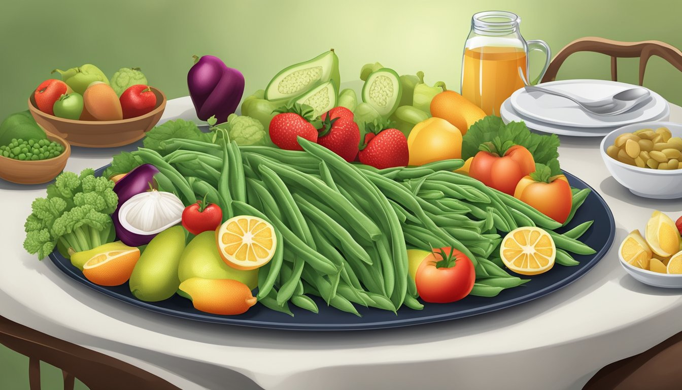 A plate of green beans surrounded by a variety of fruits and vegetables, with a "diabetic-friendly" label on the table