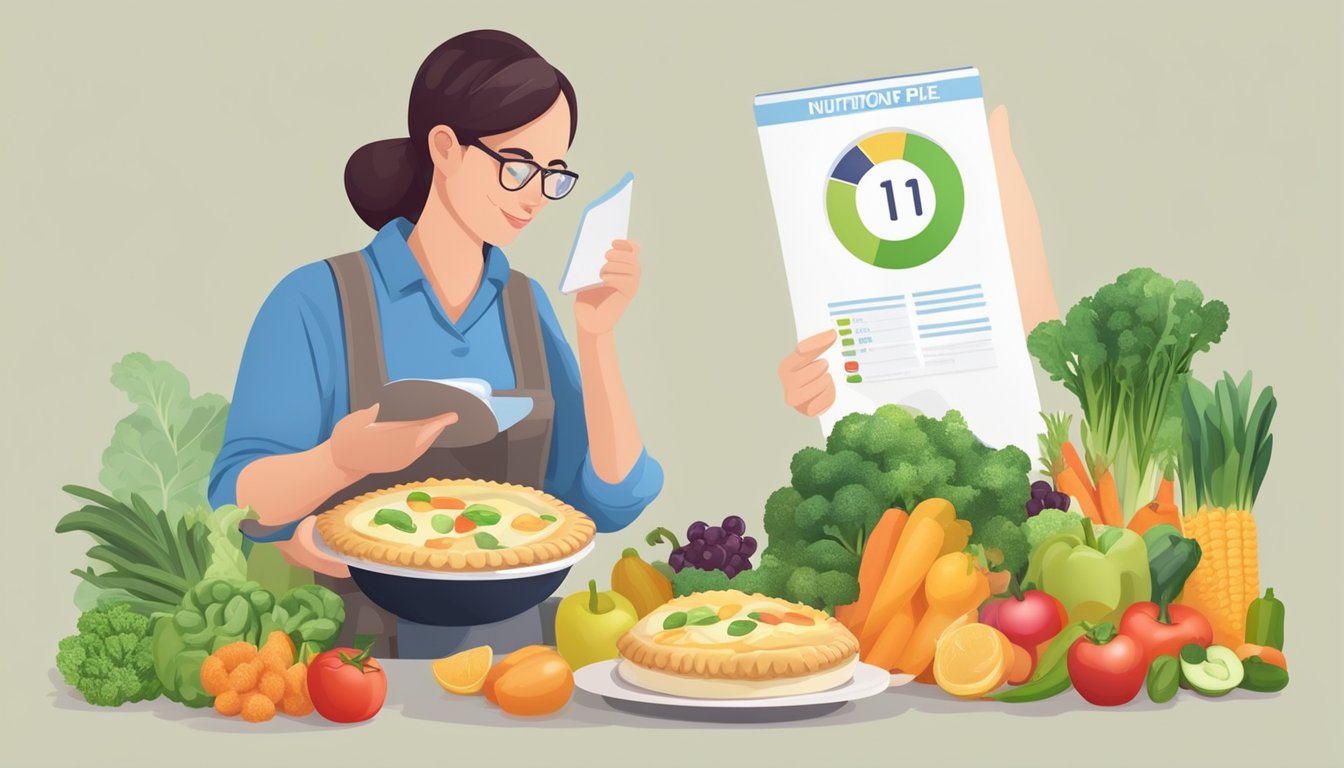 A diabetic person holding a frozen pot pie, surrounded by fresh vegetables and fruits, while reading a nutrition label and consulting with a dietitian