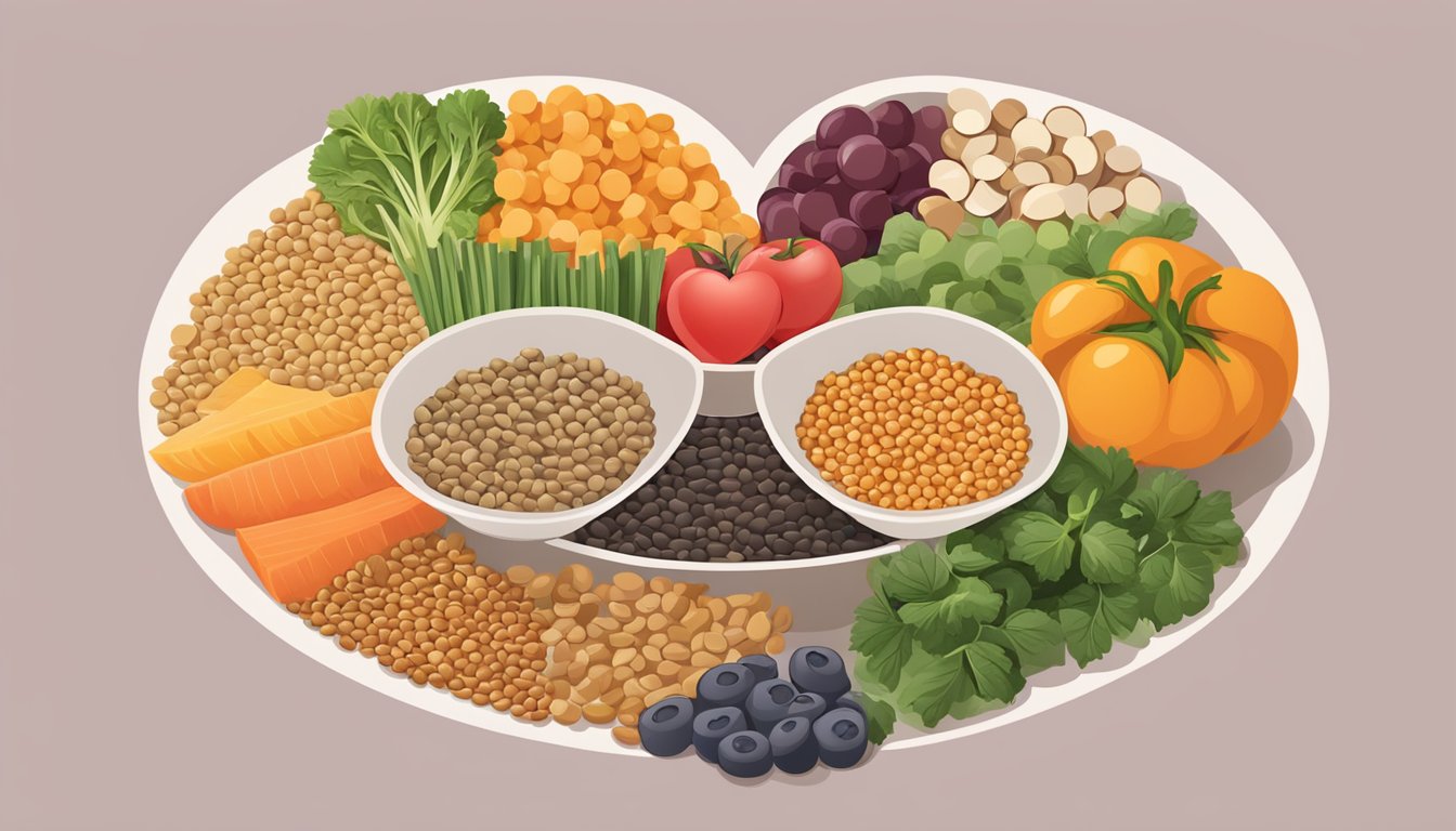 A bowl of lentils surrounded by heart-healthy foods and a medical symbol