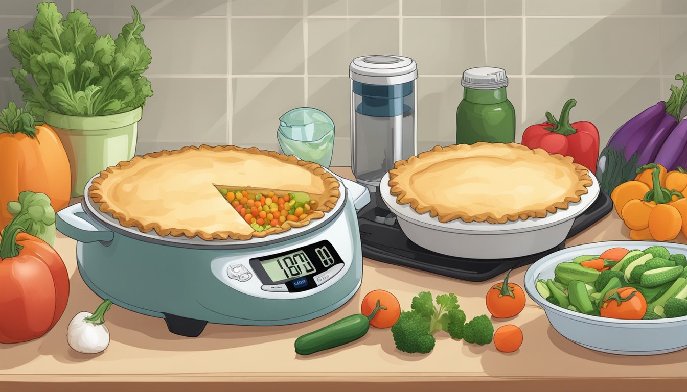 A frozen pot pie sits on a kitchen counter, surrounded by a variety of fresh vegetables and a blood sugar monitor