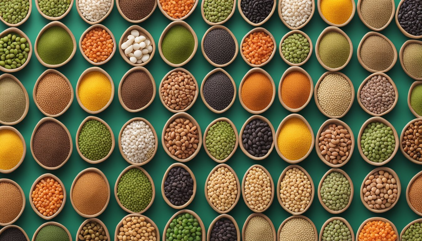 A variety of lentils arranged in rows, including green, red, and brown types, with a diabetes-friendly symbol displayed prominently