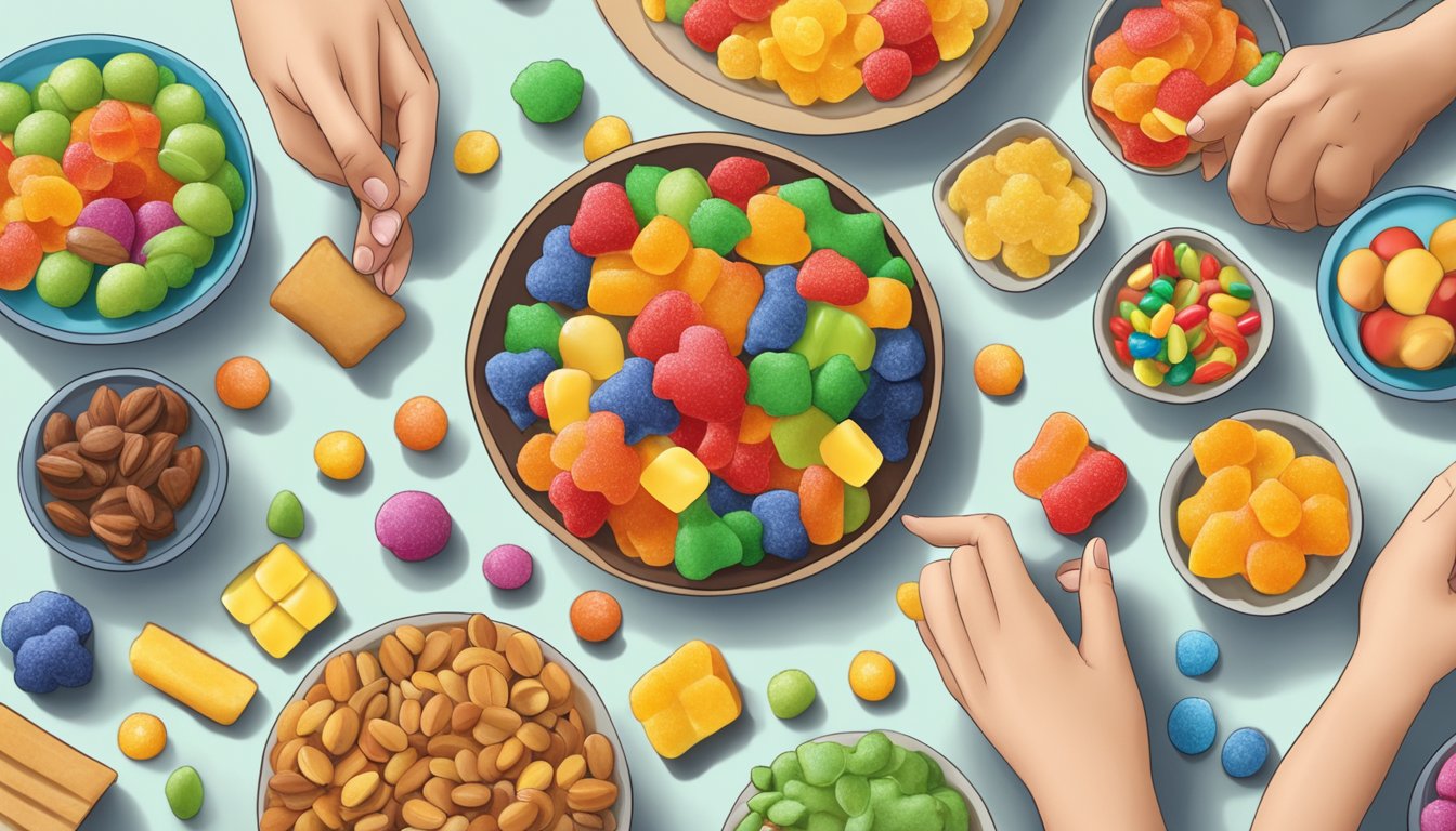 A table with a variety of snacks, including gummy bears, fruit, and nuts. A diabetic person is reaching for the gummy bears