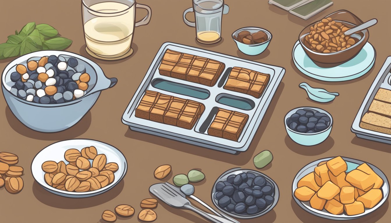 A table with a variety of low carb bars and a measuring cup to illustrate portion sizes for diabetics