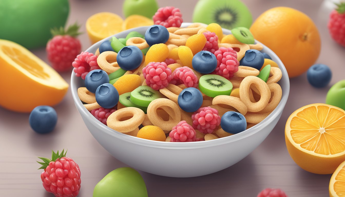 A bowl of fruit-flavored loops cereal with a diabetes awareness ribbon in the background