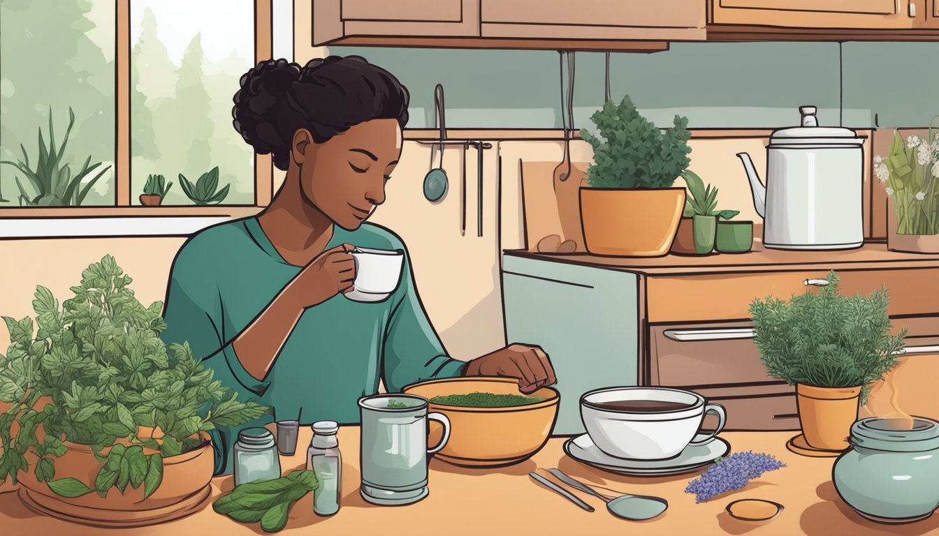 A person sitting at a kitchen table, surrounded by various herbs and a steaming cup of herbal infusion. A diabetes monitoring kit is nearby