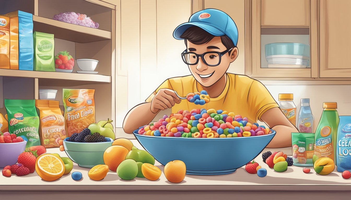 A person pouring out a bowl of fruit-flavored loops cereal and examining the ingredients label closely