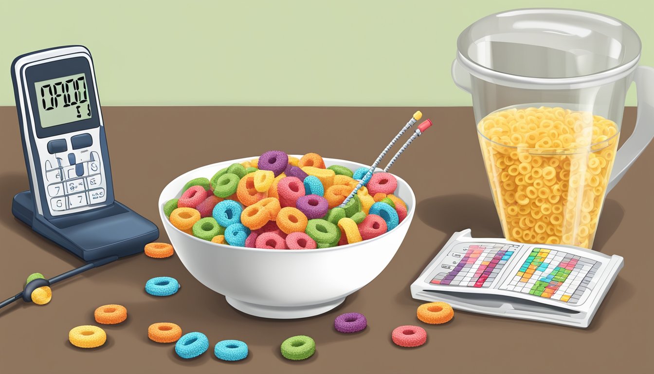 A bowl of fruit flavored loops cereal next to a glucometer