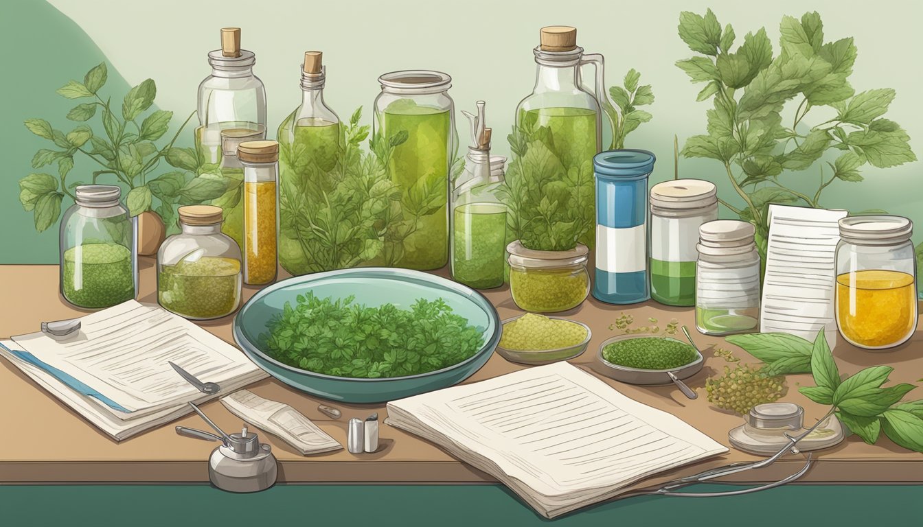 A table with various herbal infusions and scientific research papers on diabetes