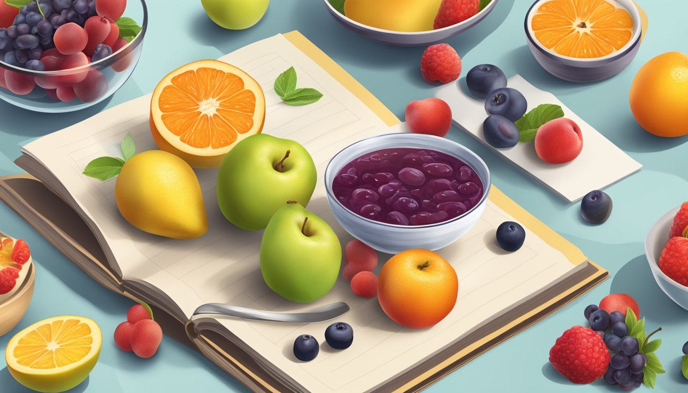 A table with a bowl of colorful fruit compote surrounded by various fruits and a diabetes-friendly diet book