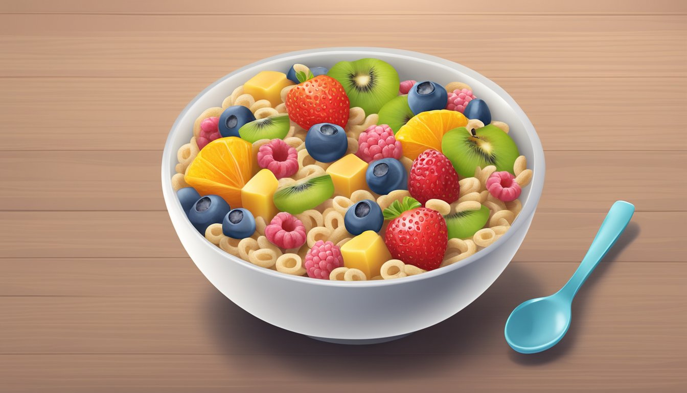 A bowl of fruit-flavored loops cereal with a diabetic-friendly label and a spoon on a table