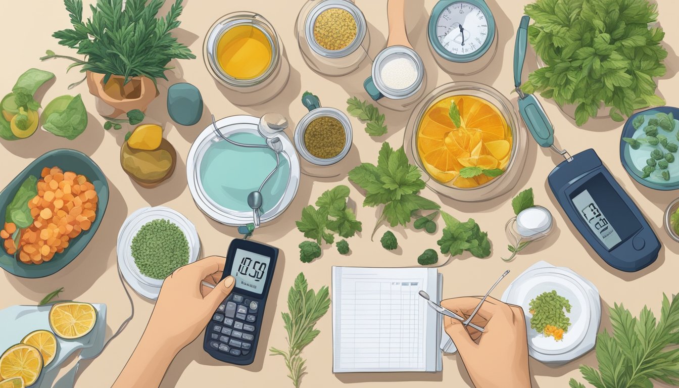 A person sitting at a table with a variety of herbal infusions in front of them, alongside a blood glucose monitor and healthy food options