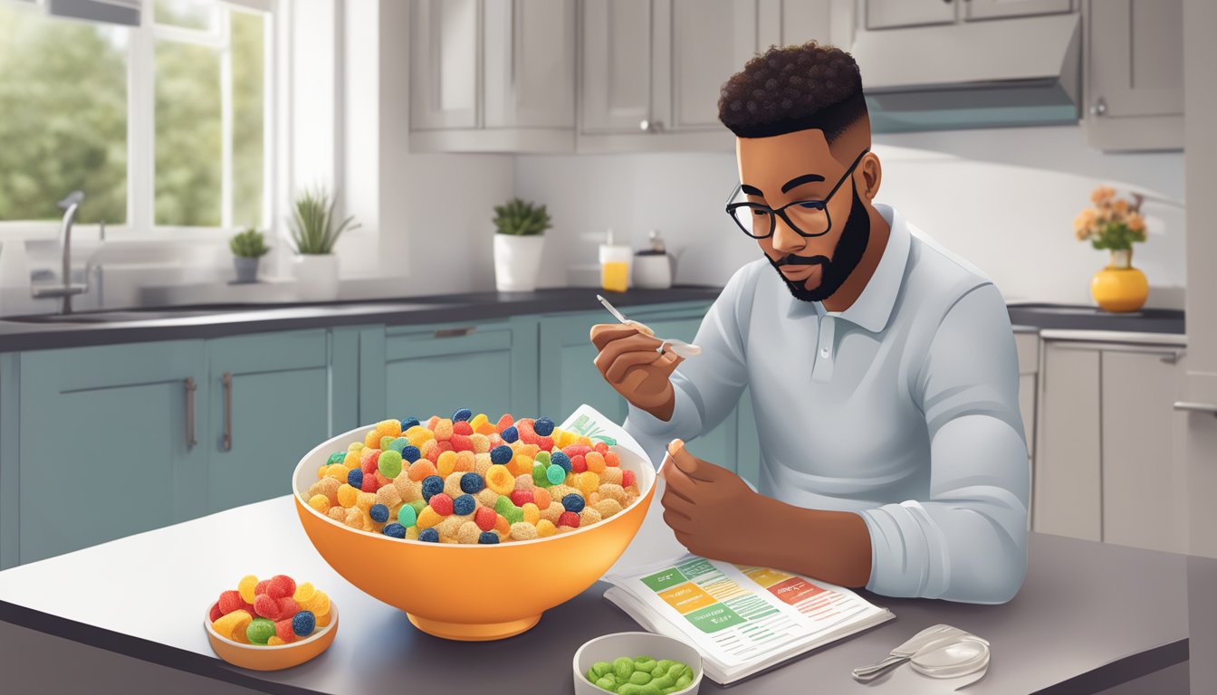 A person with diabetes holding a bowl of fruit-flavored loops cereal while reading a meal planning guide