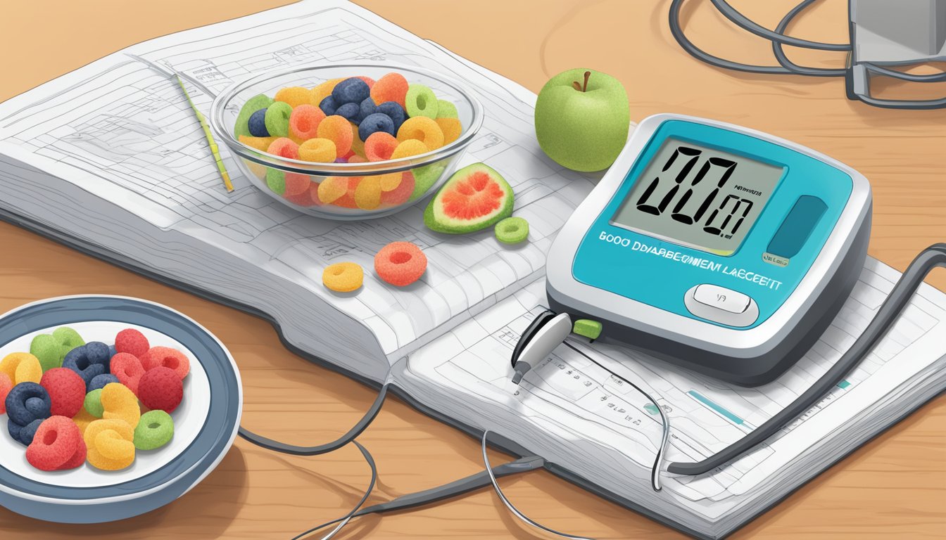 A bowl of fruit flavored loops cereal sits on a table next to a diabetes management guide and a blood glucose monitor