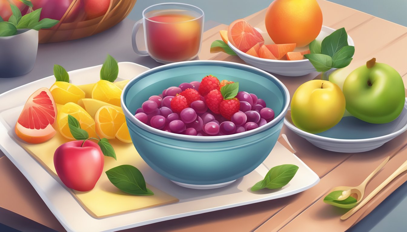 A bowl of colorful low sugar fruit compote arranged next to a balanced diabetic meal