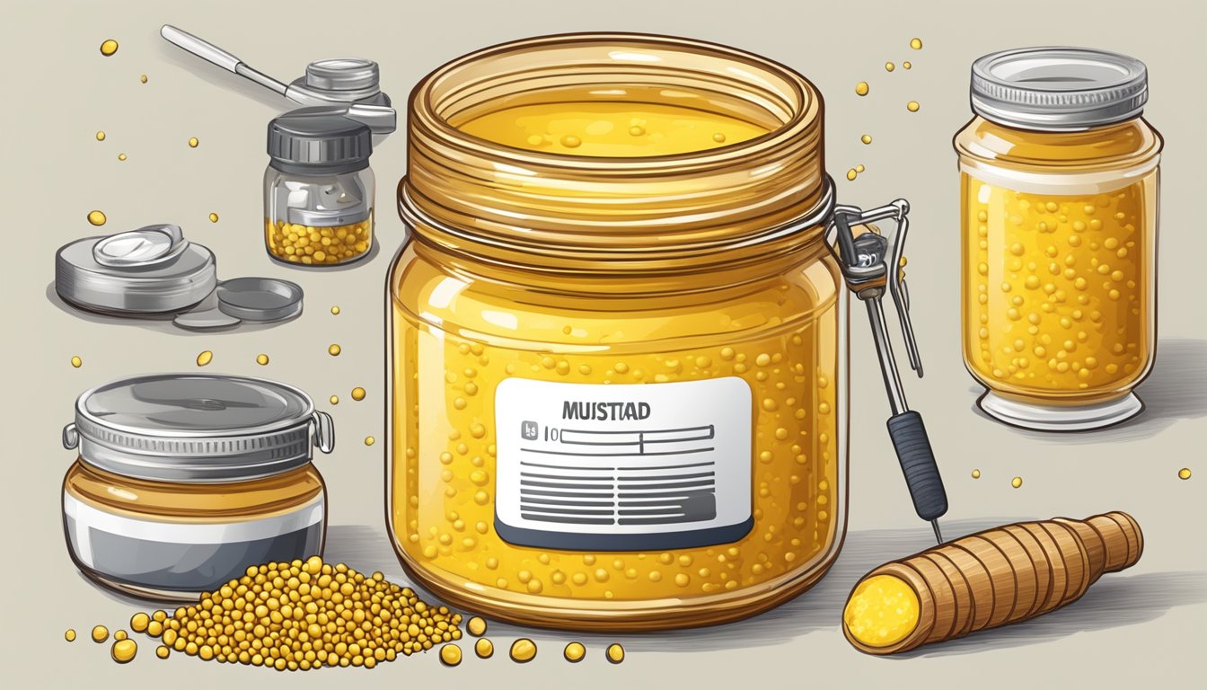 A jar of honey mustard surrounded by mustard seeds, honeycomb, and a blood glucose monitor