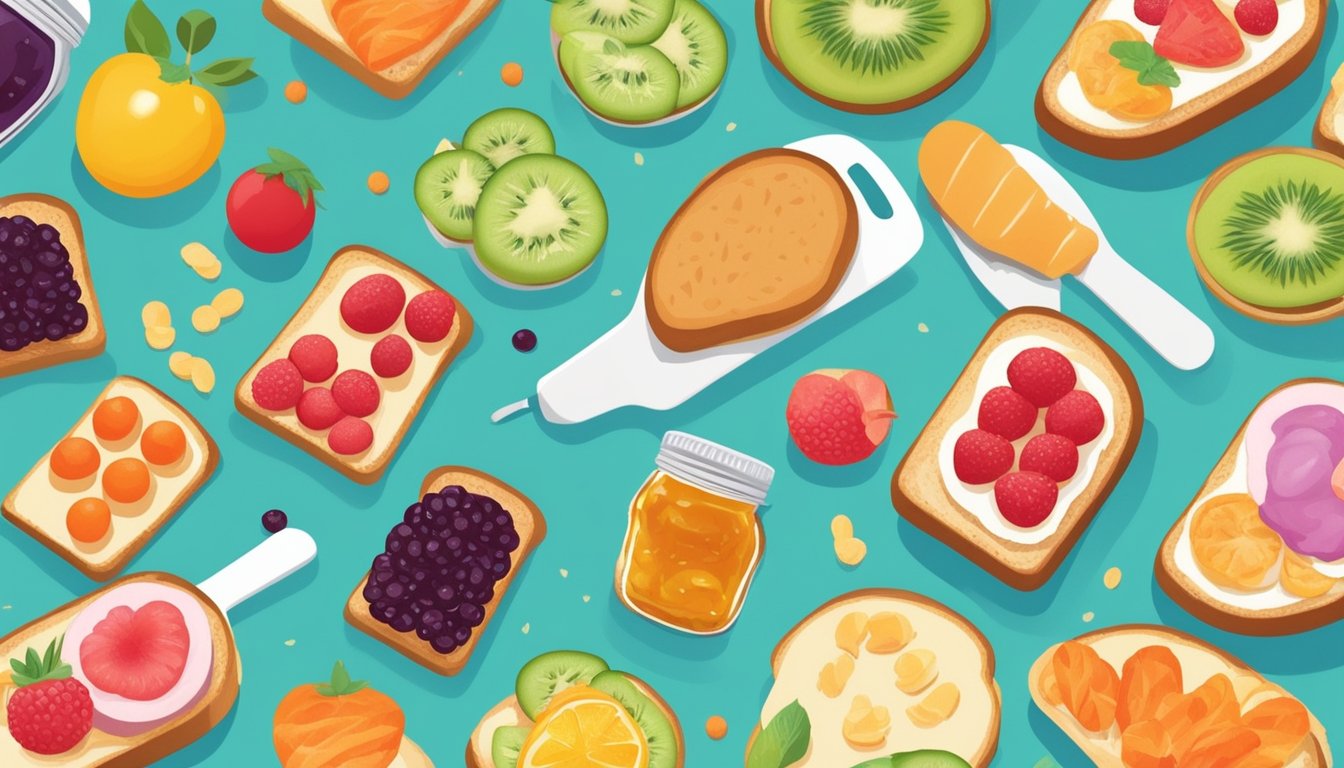 A person with diabetes spreads low-sugar jam on toast, surrounded by a variety of healthy food options