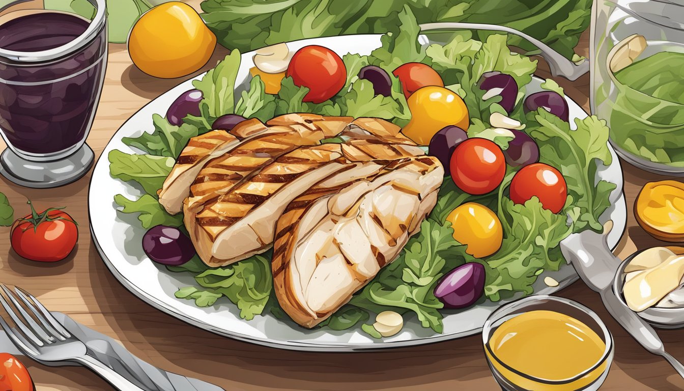 A diabetic-friendly meal with honey mustard drizzled over a colorful salad of mixed greens, cherry tomatoes, grilled chicken, and sliced almonds