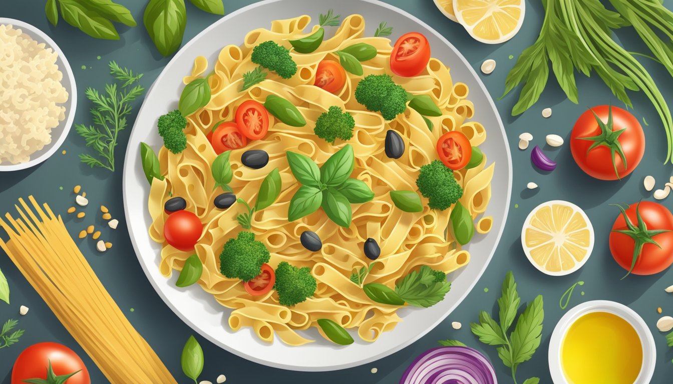 A colorful plate of gluten-free pasta with a variety of vegetables and a protein source, surrounded by fresh ingredients like tomatoes, herbs, and olive oil