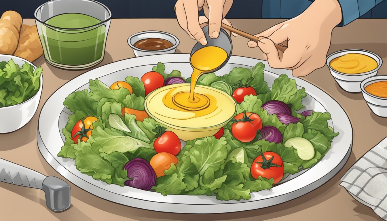 A diabetic person preparing a salad, adding honey mustard dressing to a plate of fresh vegetables