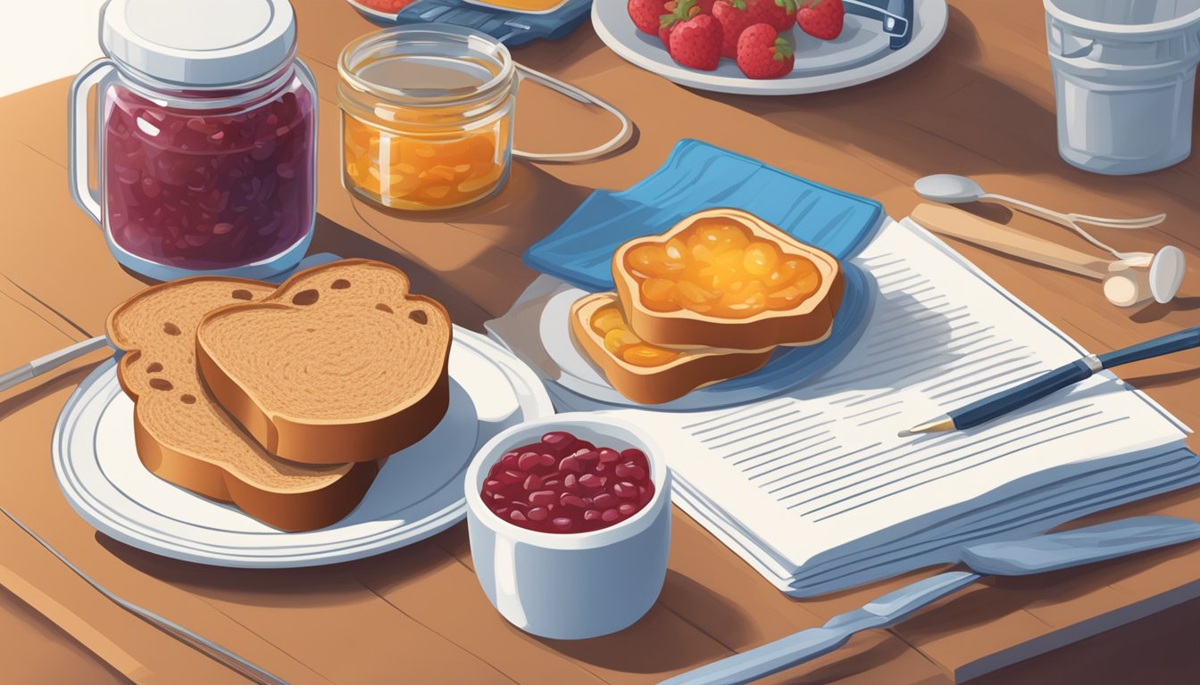 A diabetic carefully spreads low-sugar jam on whole wheat toast for breakfast. A doctor's pamphlet on managing blood sugar sits nearby