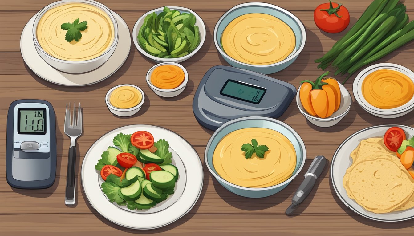 A table with a bowl of hummus, a plate of sliced vegetables, and a blood glucose monitor