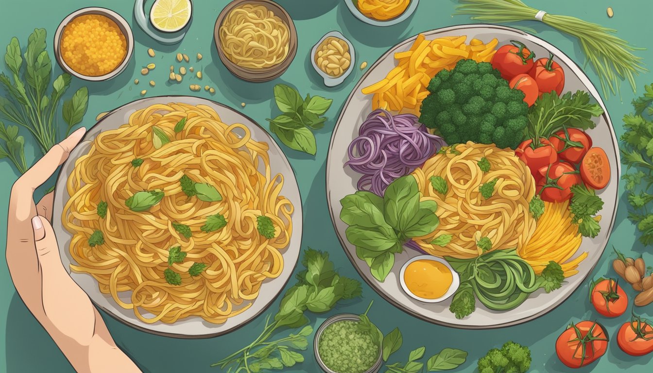 A person with diabetes holding a plate of gluten-free pasta options, surrounded by colorful vegetables and herbs